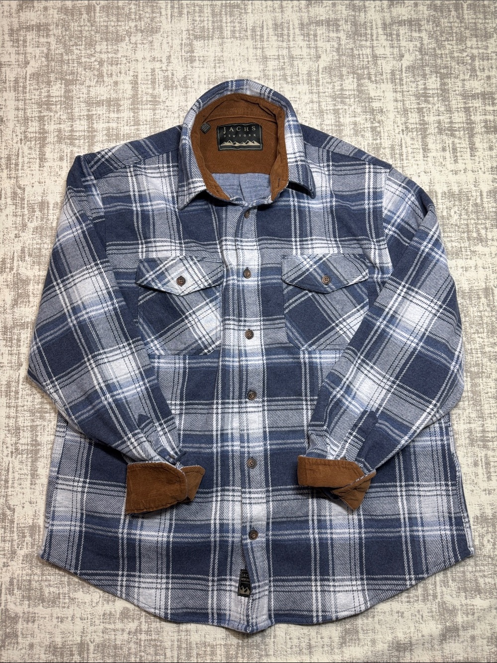 Jachs Blue and White Plaid Button-Down Shirt with Brown Trim sz XL 30X25 PTP